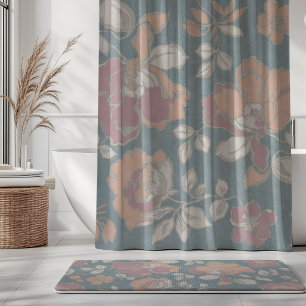 Vintage Peony Flowers Peach Mauve Slate Blue Shower Curtain