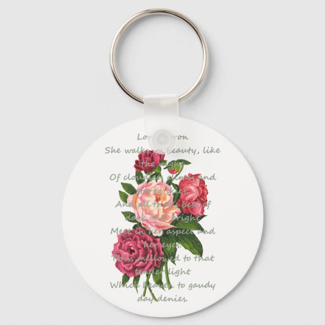 Vintage Peony Flowers Romantic Byron Poem Key Ring (Front)