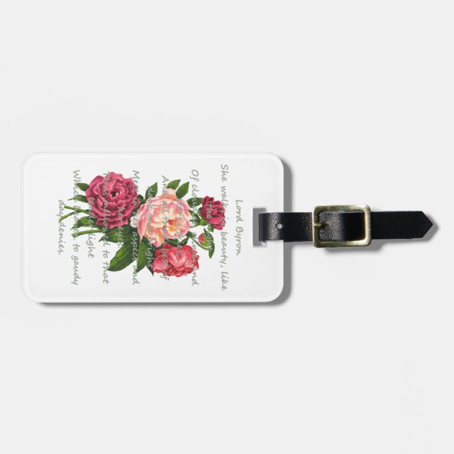 Vintage Peony Flowers Romantic Byron Poem Luggage Tag (Front Horizontal)