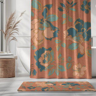 Vintage Peony Flowers Terracotta Teal Aqua Shower Curtain