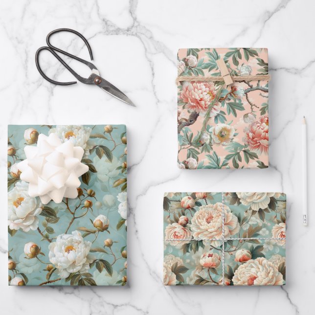 Vintage Peony Flowers  Wrapping Paper Sheet (Front)