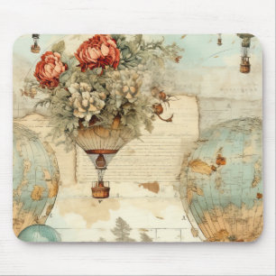 Vintage Peony Hot Air Balloon Antique Map Mouse Mat