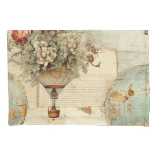 Vintage Peony Hot Air Balloon Antique Map Pillowcase