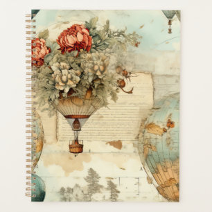 Vintage Peony Hot Air Balloon Antique Map Planner