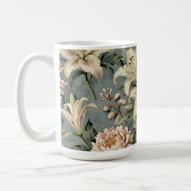 Vintage Peony Lily Floral Pattern Coffee Mug (Left)