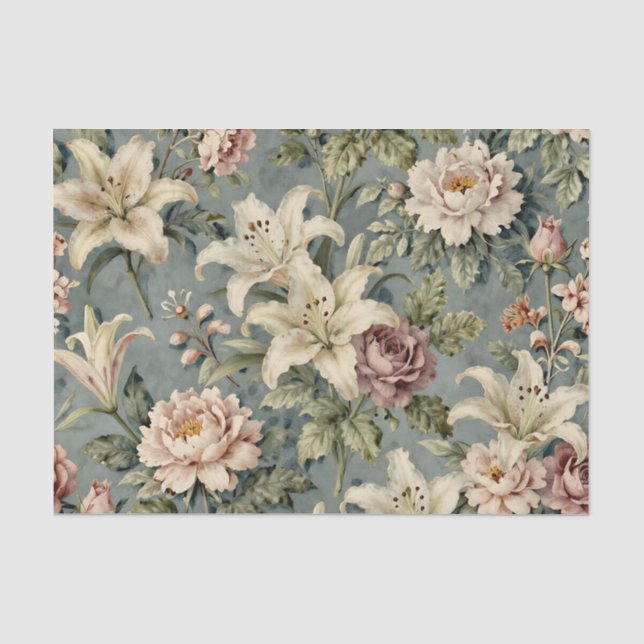 Vintage Peony Lily Floral Pattern Tissue Paper (Front)