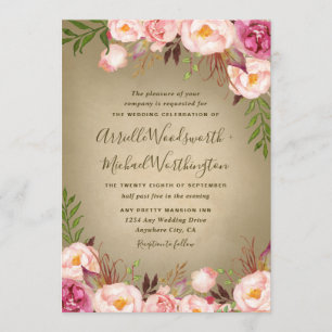 Vintage Peony Rustic Blush Wedding Invitations