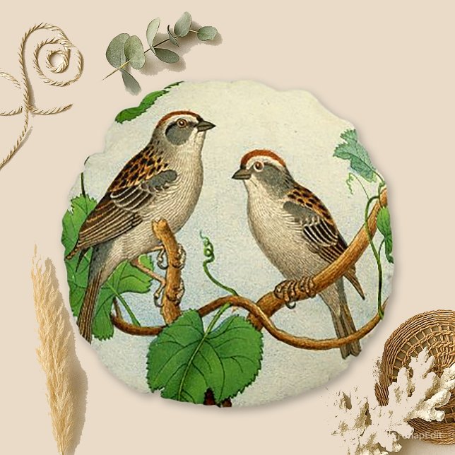 Vintage Perched Birds Round Cushion (Creator Uploaded)