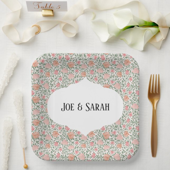 Vintage Perfect Pink & Peach Roses Paper Plate (Wedding)
