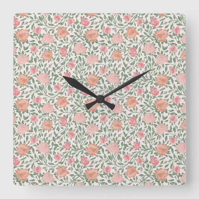 Vintage Perfect Pink & Peach Roses Square Wall Clock (Front)