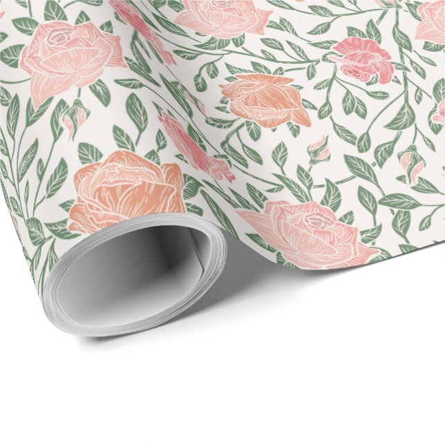 Vintage Perfect Pink & Peach Roses Wrapping Paper (Roll Corner)