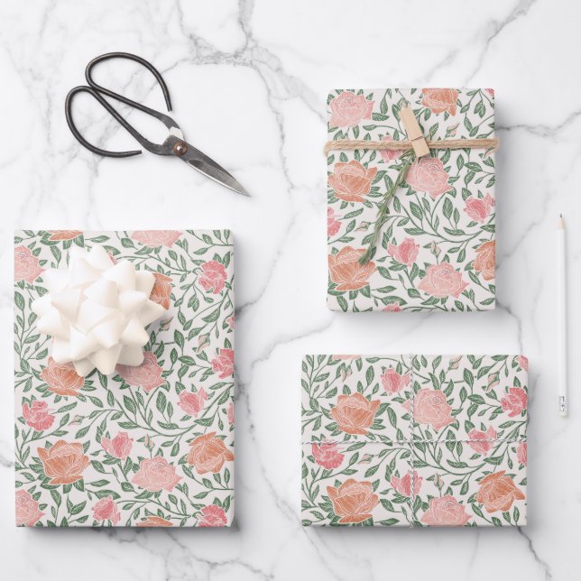 Vintage Perfect Pink & Peach Roses Wrapping Paper Sheet (Front)