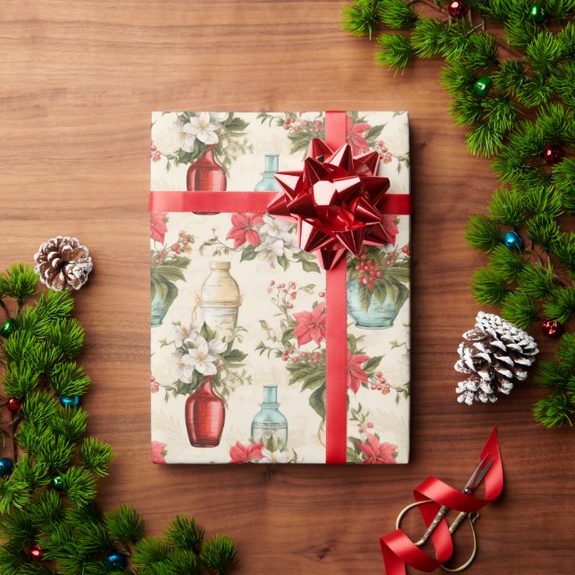 Vintage perfume bottles Christmas florals Wrapping Paper (Holiday Gift)