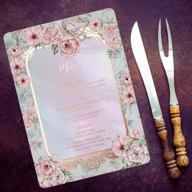 Vintage Periwinkle Peony Wedding Foil Menu Card (Creator Uploaded)