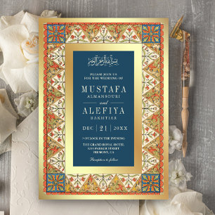 Vintage Persian Gold Frame Blue Muslim Wedding Invitation