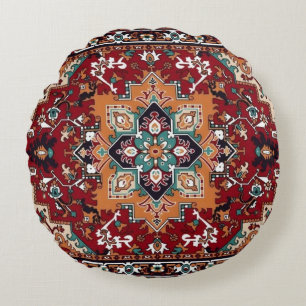 Vintage Persian Rug Pattern in Rust Red and Teal Round Cushion