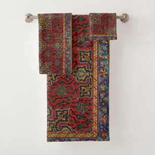 Vintage Persian Rug Pattern Red Blue Arabesque Bath Towel Set