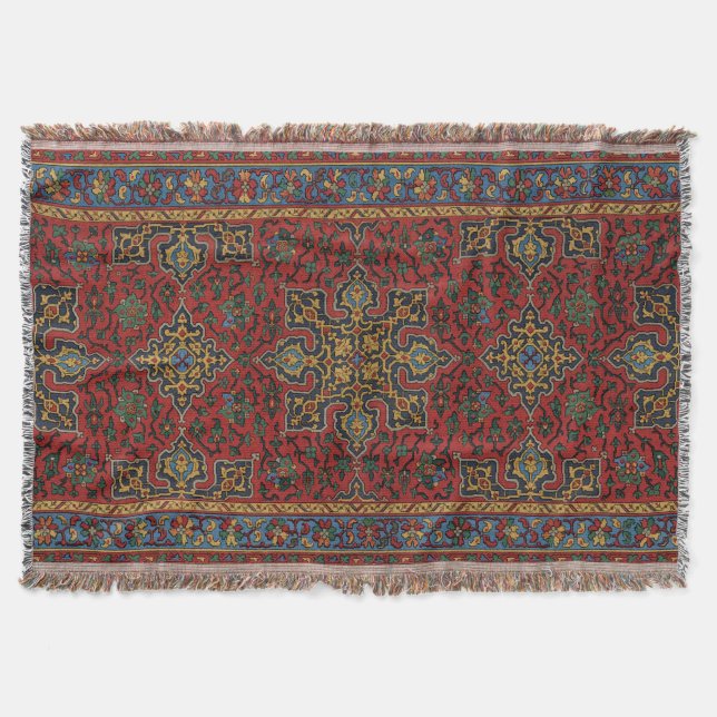 Vintage Persian Rug Pattern Red Blue Arabesque Throw Blanket (Front)