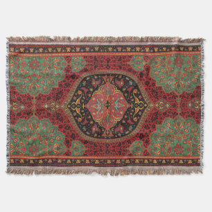 Vintage Persian Rug Pattern Red Green Arabesque Throw Blanket