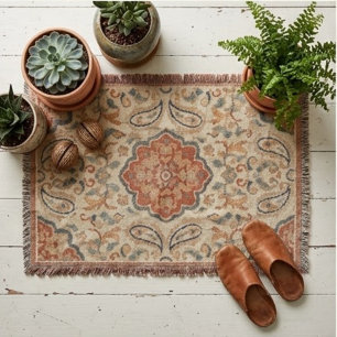 Vintage Persian Terracotta Floral Medallion Throw Blanket