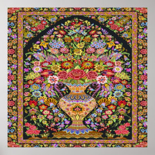 Vintage Persian Turkish Floral Flowers Mid Century Poster