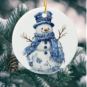 Vintage Personalise Chinoiserie Blue White Snowman Ceramic Tree Decoration