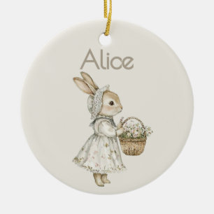 Vintage Personalised Easter Bunny Basket Name Tag Ceramic Tree Decoration