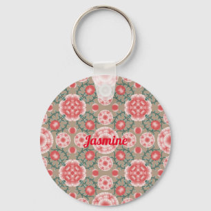Vintage Personalised Pink Flower Plant Pattern Key Ring