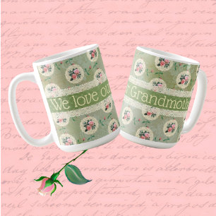 Vintage Personalised Rose Doily Faded Green Damask Coffee Mug