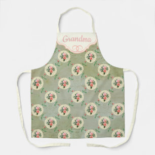Vintage Personalised Rose Doily Faded Smoky Green Apron