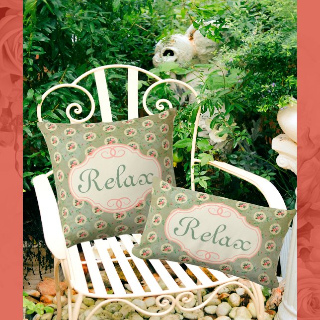 Vintage Personalised Rose Doily Green Damask  Cushion (Time to relax! Or personalize with another message or a name.)