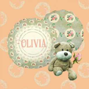 Vintage Personalised Rose Doily Green Damask  Round Cushion