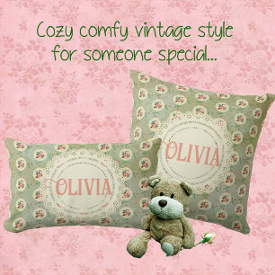 Vintage Personalized Rose Doily Green Damask  Cushion