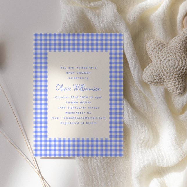 Vintage Perwinkle Gingham Plaid Cute Baby Shower  Invitation (Creator Uploaded)