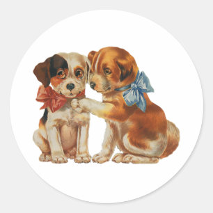 Vintage Pet Animals, Puppy Love Puppies with Bows Classic Round Sticker