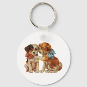 Vintage Pet Animals, Puppy Love Puppies with Bows Key Ring