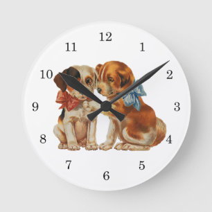 Vintage Pet Animals, Puppy Love Puppies with Bows Round Clock