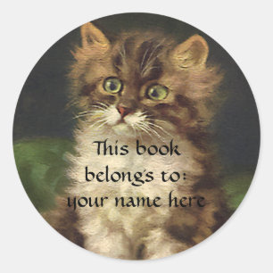 Vintage Pet Animals, Tabby Cat Kitten Bookplate Classic Round Sticker