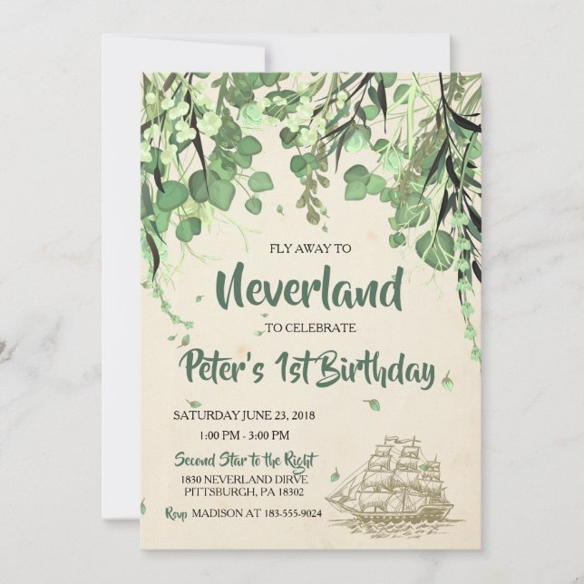 Vintage Peter Pan Neverland Birthday Invitation (Front)