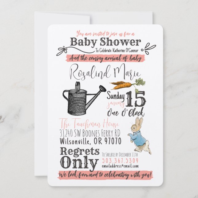 Vintage Peter Rabbit Baby Shower Invitation - Pink (Front)