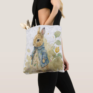 vintage peter rabbit with flowers tote bag