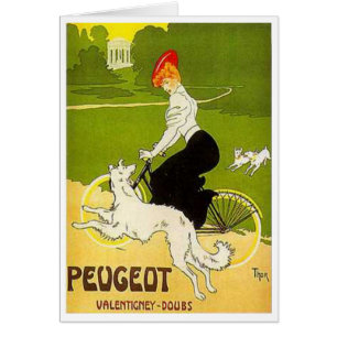 Vintage Peugeot Woman Riding Cycle with Dog Runnin