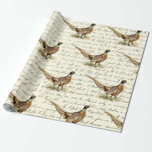 Vintage Pheasant Bird on Antique Letter Script Wrapping Paper