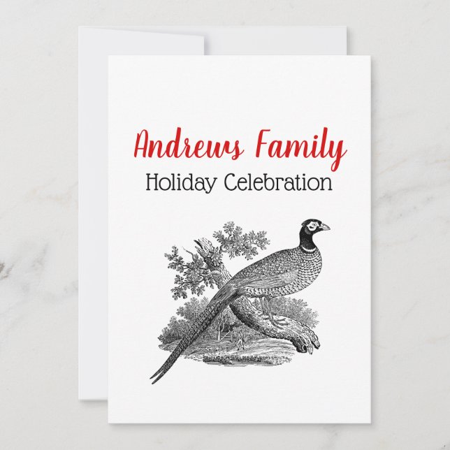 Vintage Pheasant Game Bird Drawing BW Christmas Invitation (Front)