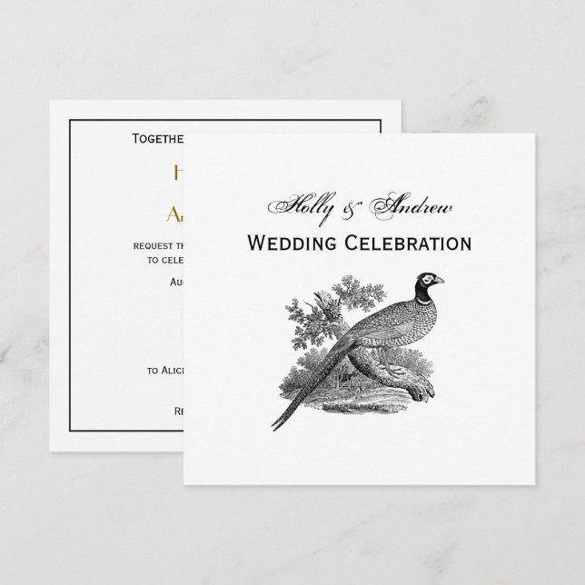 Vintage Pheasant Game Bird Drawing BW Invitation (Front/Back)