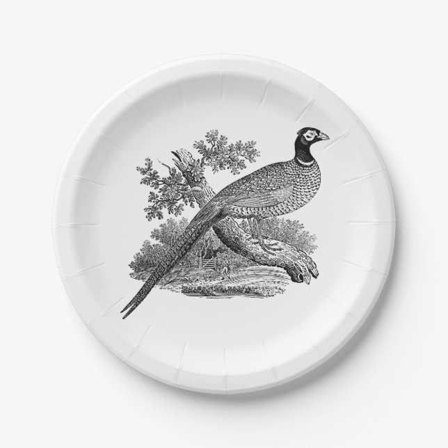 Vintage Pheasant Game Bird Drawing BW Paper Plate (Front)