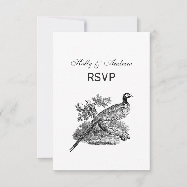 Vintage Pheasant Game Bird Drawing BW RSVP Card (Front)