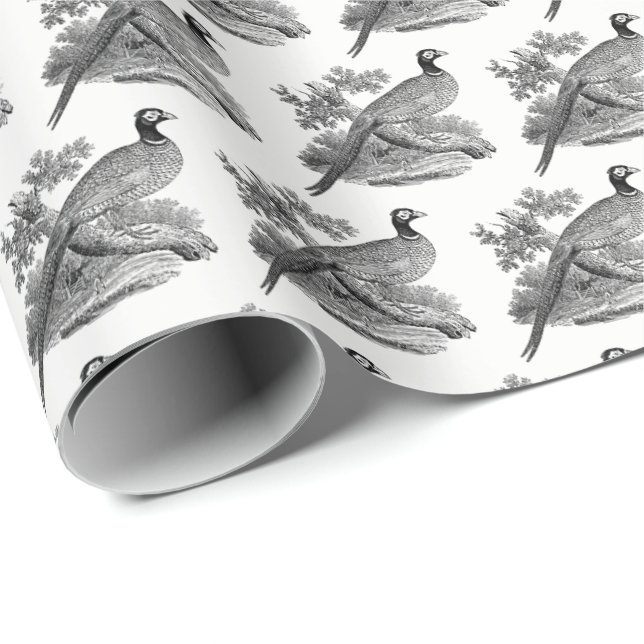 Vintage Pheasant Game Bird Drawing BW Wrapping Paper (Roll Corner)