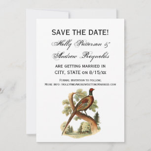 Vintage Pheasant on Branch w/ Trees Drawing Colour Save The Date