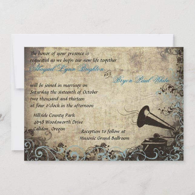 Vintage Phonograph Wedding Invitation Light Blue (Front)